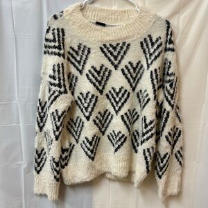 Bobeau Sweater Women Black White Geometric Soft Cozy Fuzzy Statement Preppy SZ L